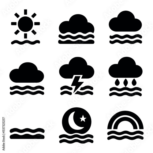 Coastal Weather Icons. Solid, filled icons set of coastal weather conditions: sunny, cloudy, windy, foggy,