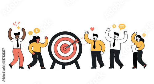 Team success celebration with bullseye target and diverse colleagues motivated by achievements vector illustration