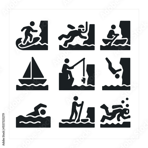 Water Activities Icons. Solid, filled icons set of water and marine activities near cliffs: surfing,