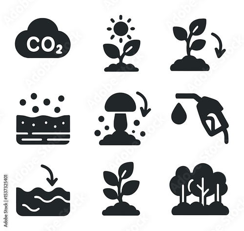 Carbon Cycle Icons. Solid, filled icons set of carbon cycle in plants: atmospheric CO2, photosynthesis,