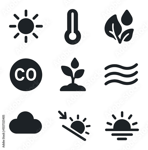 Photosynthesis Factors Icons. Solid, filled icons set of environmental factors in photosynthesis: sunlight
