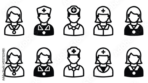 Black and white outline illustrations of medical professionals and healthcare workers in uniform