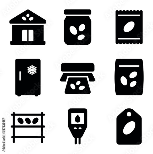Seed Preservation Icons. Solid, filled icons set of seed preservation techniques: seed bank, airtight