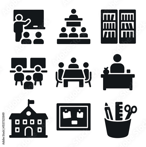 Educational Icons Set. Solid, filled icons set of educational environments: classroom, lecture hall, library,