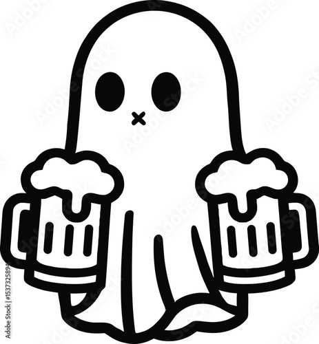 Cute halloween ghost drinking beer illustration vector graphic design for october party silhouette