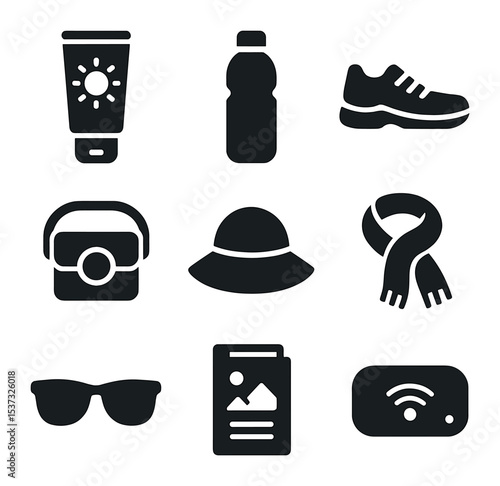 Travel Essentials Icons. Solid, filled icons set of travel essentials for selfies: sunscreen, water bottle,