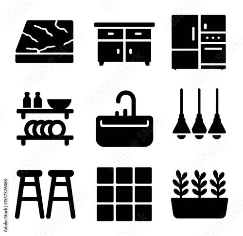 Modern Living Room Icons. Solid, filled icons set of modern living room styles: sectional sofa, coffee table,
