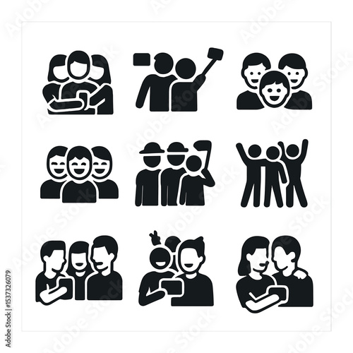 Travel Selfie Icons. Solid, filled icons set of group travel selfies: group hug, selfie stick extended,