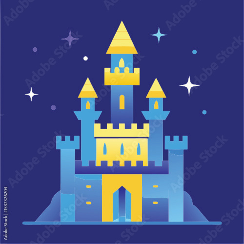 Enchanting blue castle design with tall towers and flags for a whimsical travel theme.