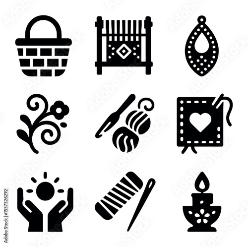 Art Heritage Icons Grid. Solid, filled icons set of world art heritage and museum pieces: sculpture icon, art