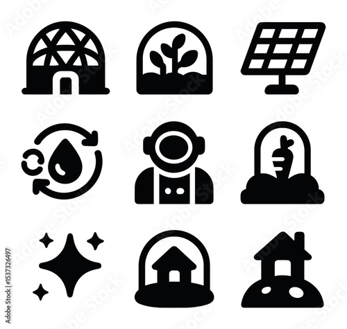 Space Habitat Icons. Solid, filled icons set of the future of space habitats and long-term space travel: space