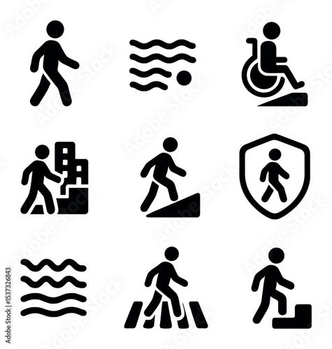 Inclusive Transit Icons. Solid, filled icons set of inclusive transit solutions: ramp icon, accessible vehicle
