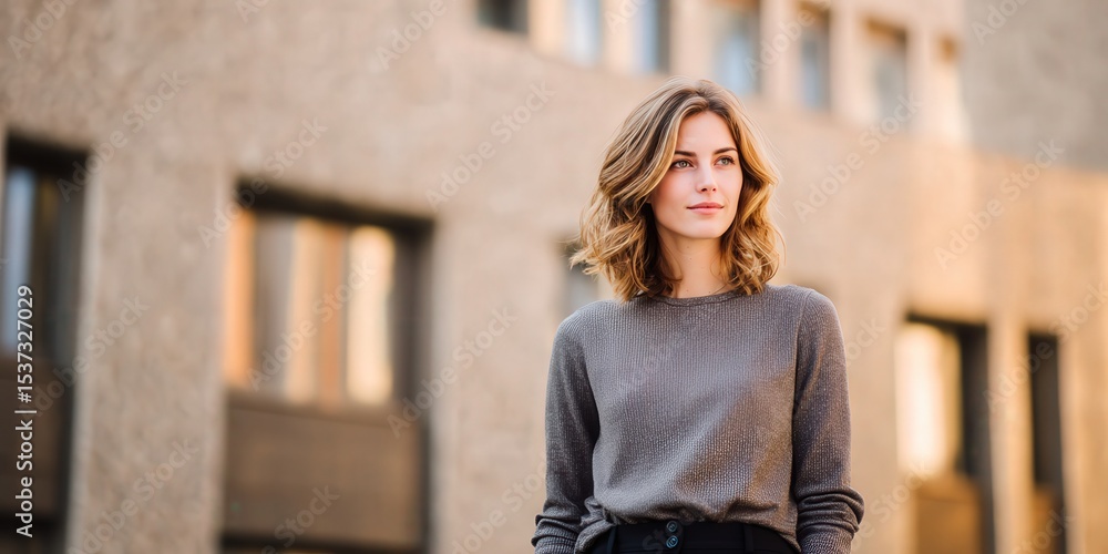 Fototapeta premium Stylish Young Woman Posing Outdoors Against a Modern Architectural Background