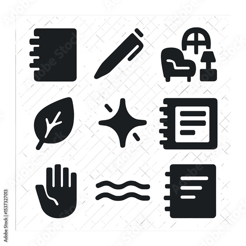Inner Calm Icons. Solid, filled icons set of finding inner calm and relaxation: meditation icon, soft pillow,