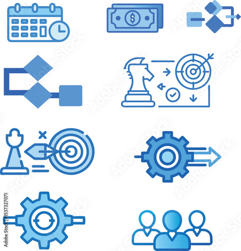 This business icon set features vector gears, cogwheels, and other machine elements, perfect for illustrating concepts of industry, technology, engineering, and teamwork