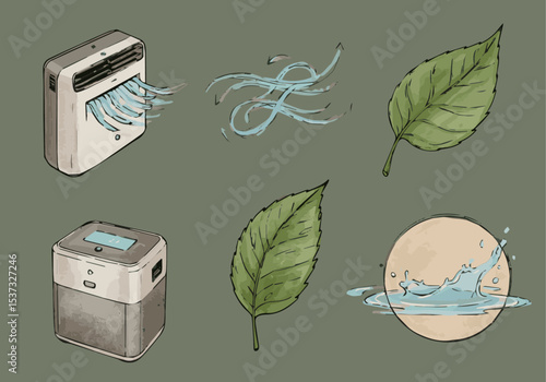 Hand-drawn sketch set of air purifier, clean air, leaf, water, and zone