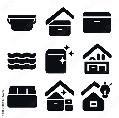 Attic Makeover Icons. Solid, filled icons set of attic makeover and design: cozy chair, calm light, attic nook