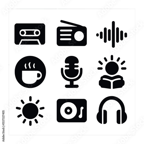 Podcast Accessibility Icons. Solid, filled icons set of podcast accessibility and global reach: globe icon,