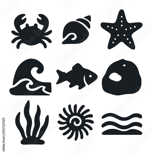 Deep-Sea Icon Grid. Solid, filled icons set of deep-sea exploration and creatures: anglerfish icon, deep-sea