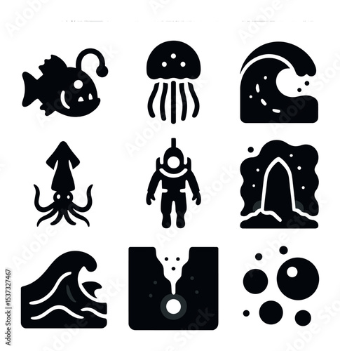 Arctic Marine Icons. Solid, filled icons set of Arctic and Antarctic marine life: penguin icon, icy wave, cold