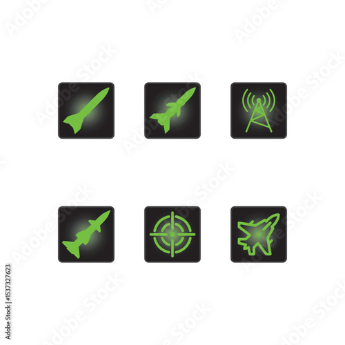 Military Missile and Radar Icons Set – Vector Line Icons of Jet Fighter, Radar Tower, Rocket Launchers, and Target in Round Buttons – Defense and War Technology Symbols