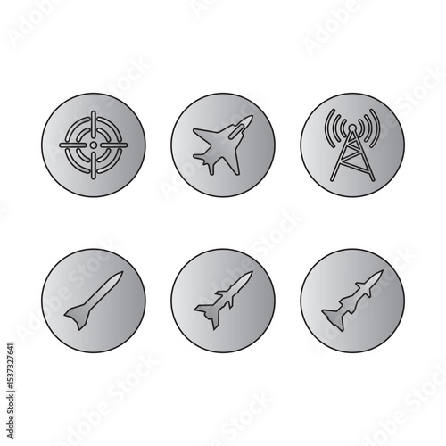 Military Missile and Radar Icons Set – Vector Line Icons of Jet Fighter, Radar Tower, Rocket Launchers, and Target in Round Buttons – Defense and War Technology Symbols