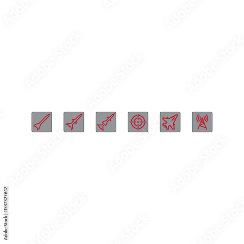 Military Missile and Radar Icons Set – Vector Line Icons of Jet Fighter, Radar Tower, Rocket Launchers, and Target in Round Buttons – Defense and War Technology Symbols