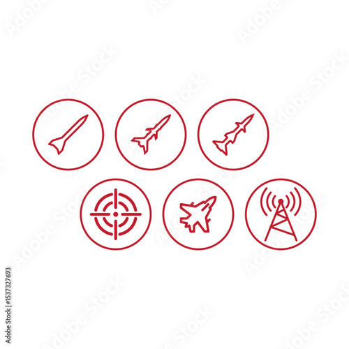 Military Missile and Radar Icons Set – Vector Line Icons of Jet Fighter, Radar Tower, Rocket Launchers, and Target in Round Buttons – Defense and War Technology Symbols