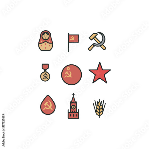 Soviet union symbols and Heritage Icon Set – Vector Symbols of Matrioshka, red star, wheat, sickle and hammer, soviet medal, and Traditional Soviet Elements