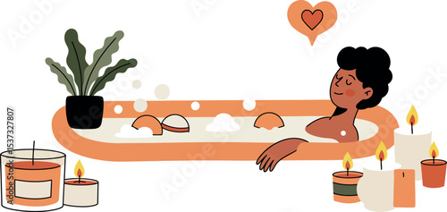 Relaxing bath time retreat with candles and relaxed individual, perfect for self-care and relaxation themes vector illustration