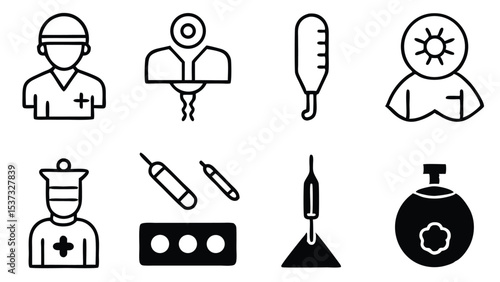 Healthcare and medical icons set featuring nurses thermometer syringe and medicine bottle