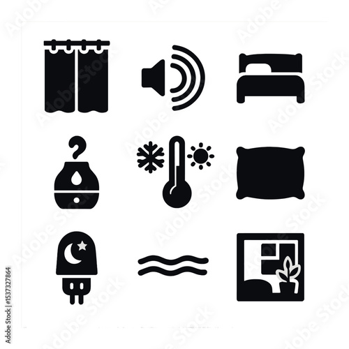 Sleep Hygiene Icons. Solid, filled icons set of sleep hygiene and routines: bedtime routine, warm light, cozy