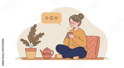 Cozy relaxation with warm tea and indoor plant for peaceful home ambiance vector illustration