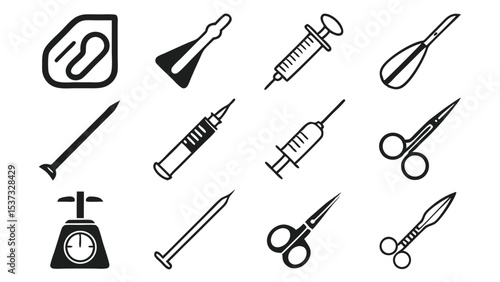 Minimalistic medical tools icons for healthcare syringes scissors needles weighing scale