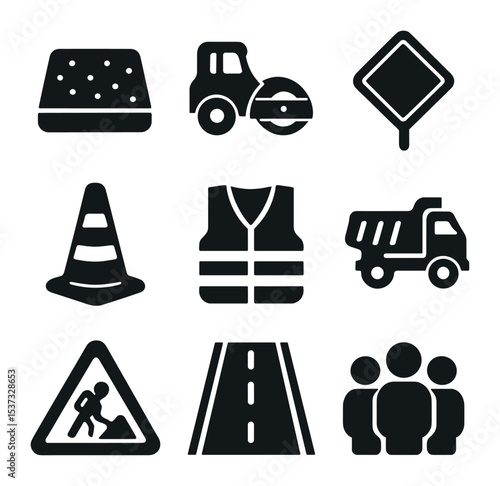 Construction Safety Icons. Solid, filled icons set of safe transport of construction materials: caution icon,