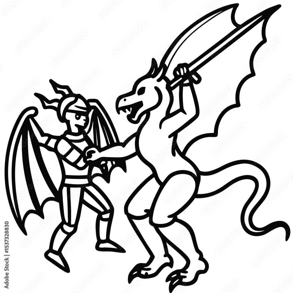Fototapeta premium Knight battling a winged dragon illustration