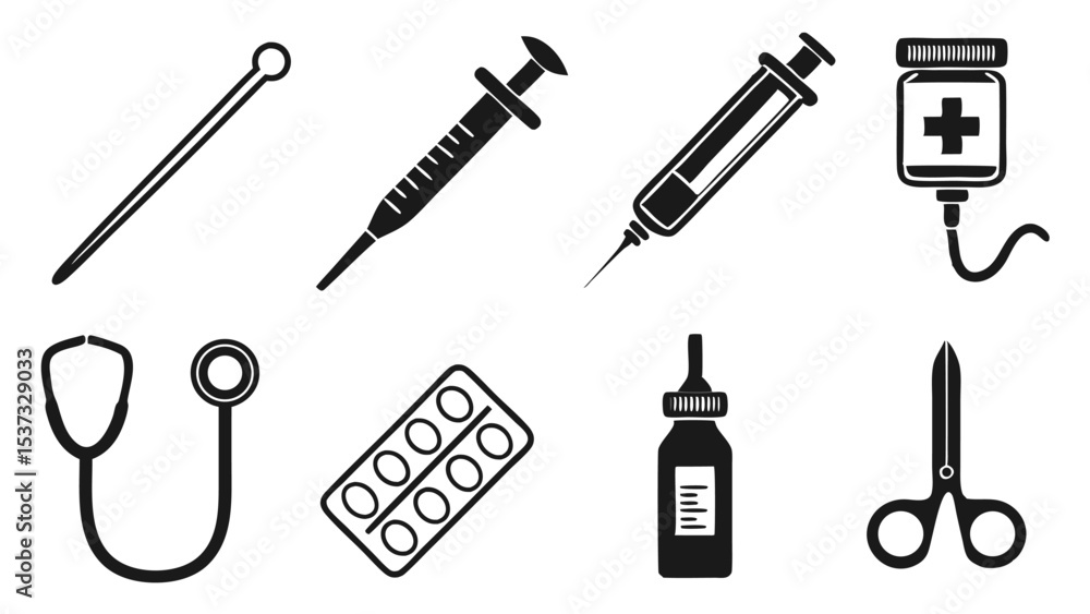 Set of illustrated medical icons representing various healthcare instruments and supplies Set of illustrated medical icons representing various healthcare instruments and supplies