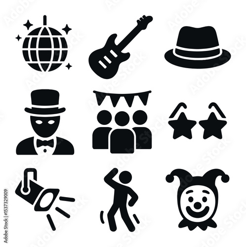 Karaoke Icons Grid. Solid, filled icons set of karaoke events and competitions: microphone icon, music note,
