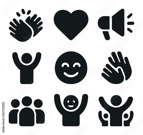 Karaoke Party Icons. Solid, filled icons set of group karaoke parties: group icon, mic duet, party hat, cheers