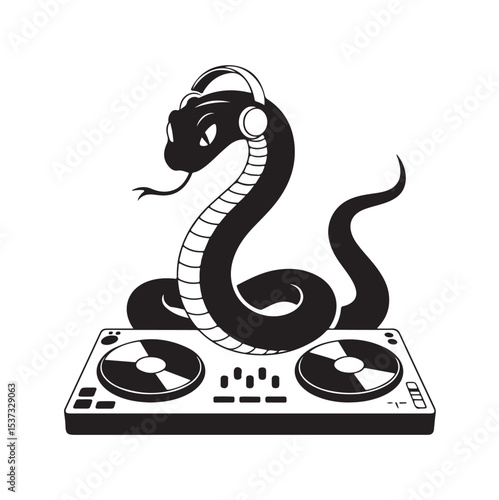 Snake dj cartoon silhouette cobra playing music on turntable wearing headphones