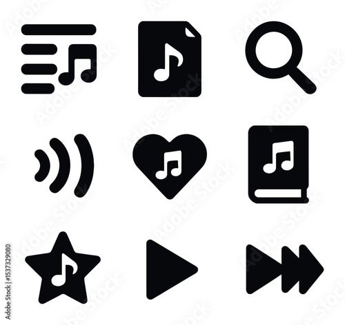 Music Genre Icons. Solid, filled icons set of music genres and karaoke favorites: pop icon, rock icon, rap