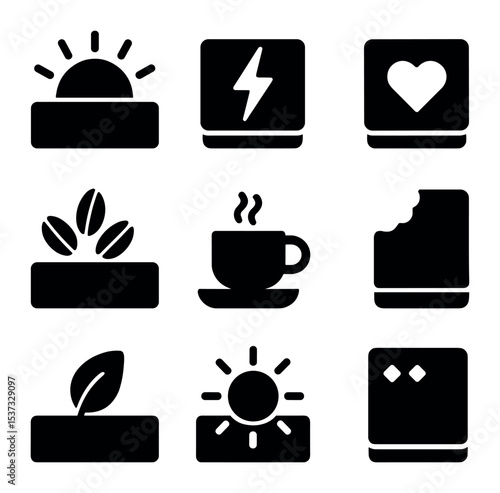 Karaoke Icon Collection. Solid, filled icons set of behind-the-scenes karaoke fun: warm-up icon, lyric sheet,