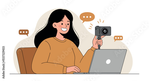 Woman creating video content with camera and laptop for online platform vector illustration