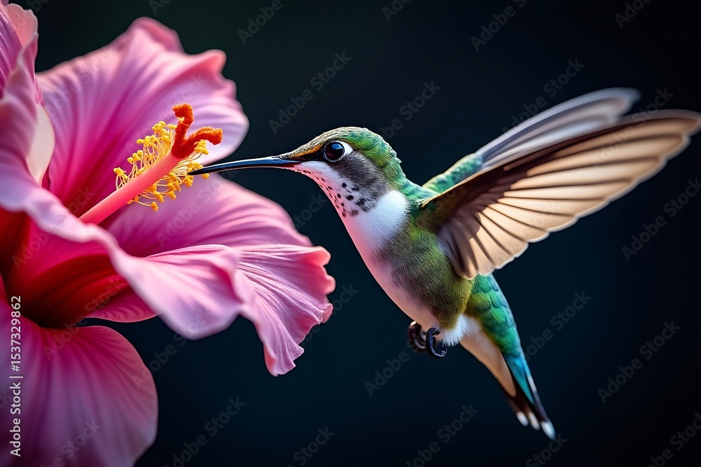 Obraz premium Hummingbird feeding from a vibrant pink hibiscus flower