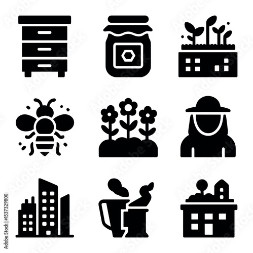 Social Media Icon Set. Solid, filled icons set of social media campaign ideas: hashtag icon, engagement chart,