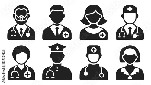 Silhouetted medical professionals with stethoscopes and uniforms representing various healthcare roles