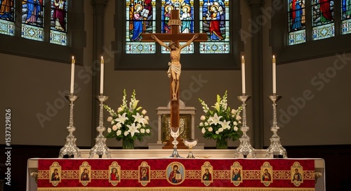 Church altar with crucifix candles and lilies catholic church interior religious ceremony worship space 100