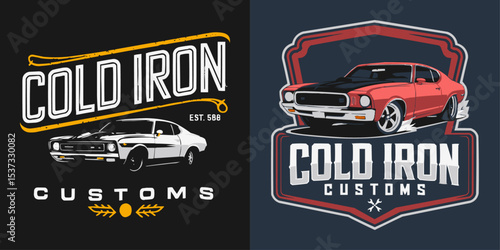Cold Iron Customs: Vintage American Muscle Car Graphic Design for Automotive Enthusiasts, Apparel, and Workshop Branding – Retro Hot Rod Illustration
