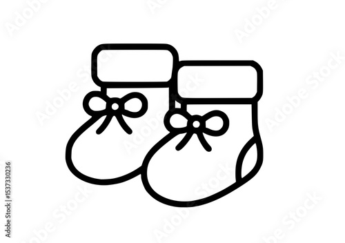 Outline illustration of a pair of baby booties with bows, featuring a cozy design and soft texture.