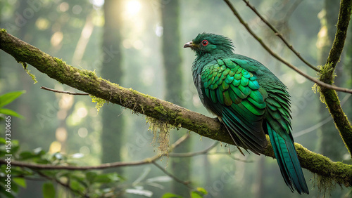 Peacock perched on a tree branch with colorful feathers in a natural setting